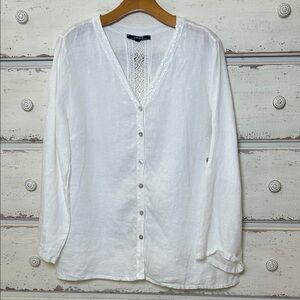 Charlie B White 100% Linen Blouse Lace & Sequin Detail Roll-Up Sleeves Italy